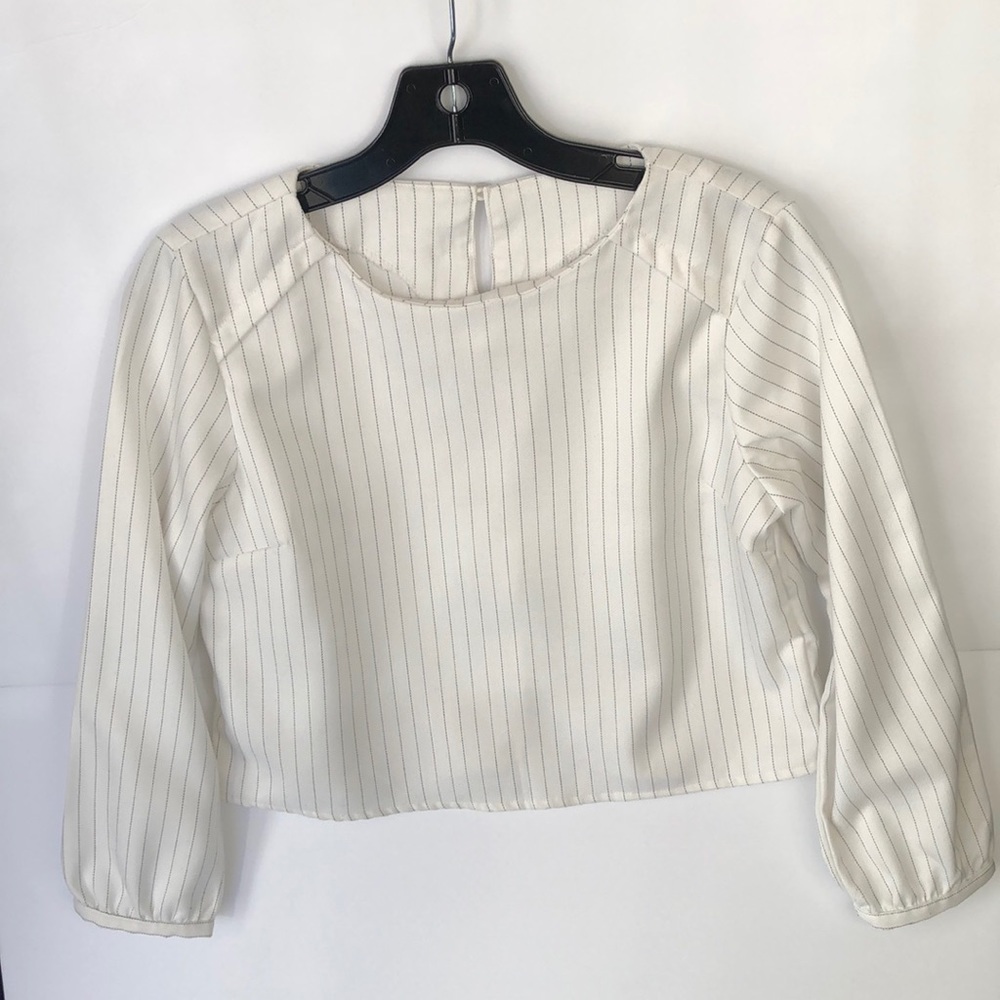 Alicia Pageboy 3/4 Sleeves Crew Neck Cropped White Striped Top Blouse Sh…